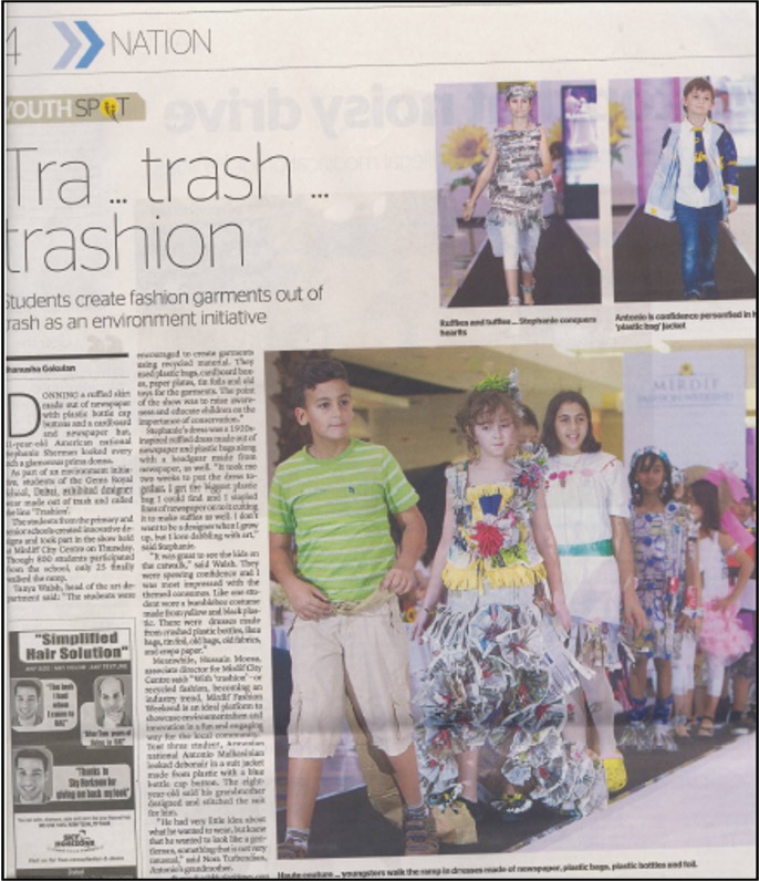 Newspaper feature on the Trashion fashion show at Mirdif City Centre, featuring local schoolchildren in recycled-fashion outfits